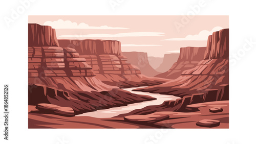 Dramatic canyon vector landscape wallpaper with layered rock formations, river below, and open sky, flat illustration perfect for adventure wallpapers and nature backgrounds
