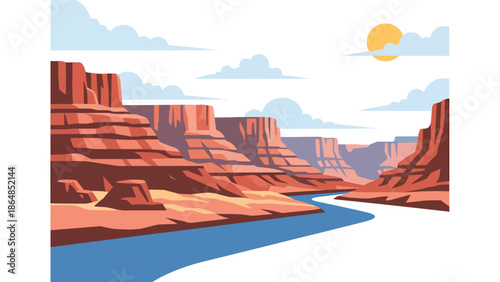 Dramatic canyon vector landscape wallpaper with layered rock formations, river below, and open sky, flat illustration perfect for adventure wallpapers and nature backgrounds