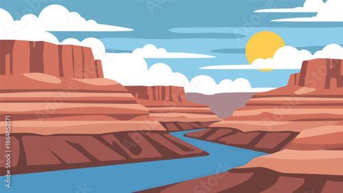 Dramatic canyon vector landscape wallpaper with layered rock formations, river below, and open sky, flat illustration perfect for adventure wallpapers and nature backgrounds