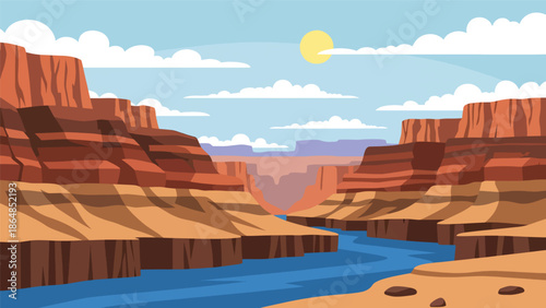 Dramatic canyon vector landscape wallpaper with layered rock formations, river below, and open sky, flat illustration perfect for adventure wallpapers and nature backgrounds