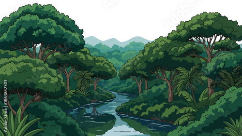 Tropical rainforest vector landscape wallpaper with dense trees, winding river, layered canopy, and distant hills, flat style ideal for lush nature wallpapers and backgrounds