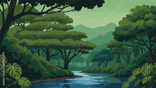 Tropical rainforest vector landscape wallpaper with dense trees, winding river, layered canopy, and distant hills, flat style ideal for lush nature wallpapers and backgrounds