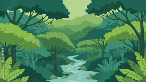 Tropical rainforest vector landscape wallpaper with dense trees, winding river, layered canopy, and distant hills, flat style ideal for lush nature wallpapers and backgrounds