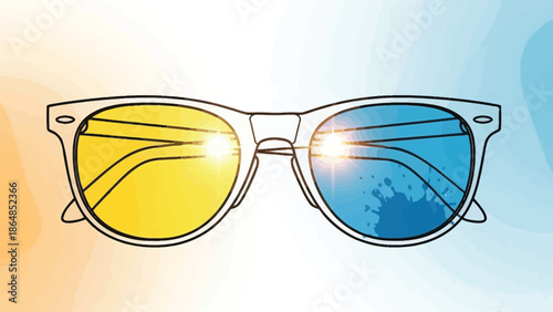 Colorful sunglasses with yellow and blue lenses and white frames on a gradient background with fashion and accessories and style