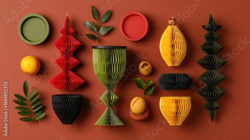 Colorful origami decorations and fruits on red background