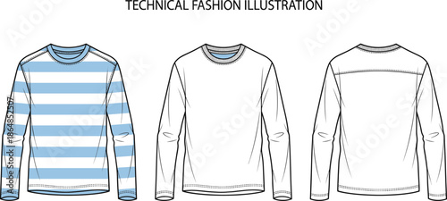 technical fashion illustration, crewneck sweatshirt, long sleeve apparel, front back view, flat clothing design, garment specification, fashion template, textile industry, apparel blueprint