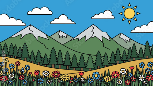 Fresh alpine meadow vector landscape wallpaper with flowers, mountains, trees, and open sky, flat illustration ideal for outdoor wallpapers and spring nature backgrounds