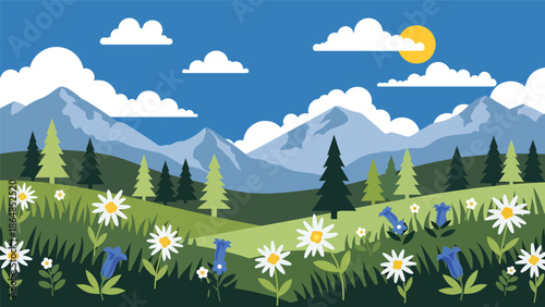 Fresh alpine meadow vector landscape wallpaper with flowers, mountains, trees, and open sky, flat illustration ideal for outdoor wallpapers and spring nature backgrounds