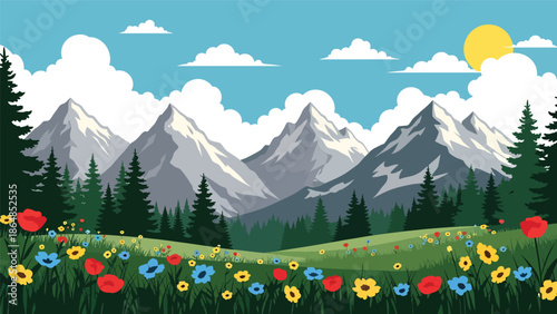 Fresh alpine meadow vector landscape wallpaper with flowers, mountains, trees, and open sky, flat illustration ideal for outdoor wallpapers and spring nature backgrounds