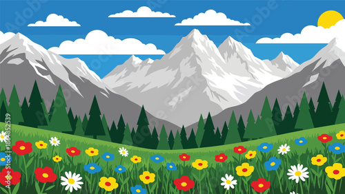 Fresh alpine meadow vector landscape wallpaper with flowers, mountains, trees, and open sky, flat illustration ideal for outdoor wallpapers and spring nature backgrounds