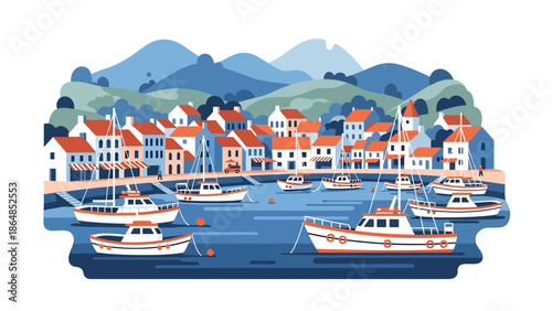 Charming coastal town vector landscape wallpaper with colorful houses, harbor, boats, and hills, flat illustration perfect for travel wallpapers and seaside backgrounds