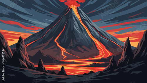Volcanic vector landscape wallpaper with mountain peak, lava shapes, rocks, and dramatic sky, flat illustration ideal for powerful nature wallpapers and adventure themes