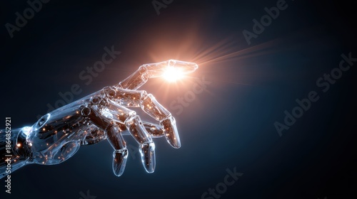Futuristic robotic hand reaching toward a glowing light symbolizing innovation and technology, showcasing the intersection of humanity and artificial intelligence