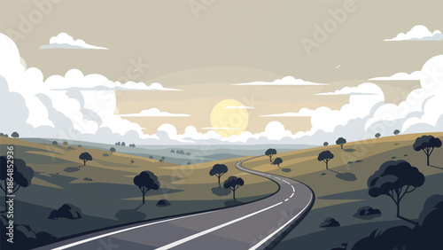 Wide grassland vector landscape wallpaper with open plains, scattered trees, clouds, and distant hills, flat illustration perfect for minimal scenic backgrounds