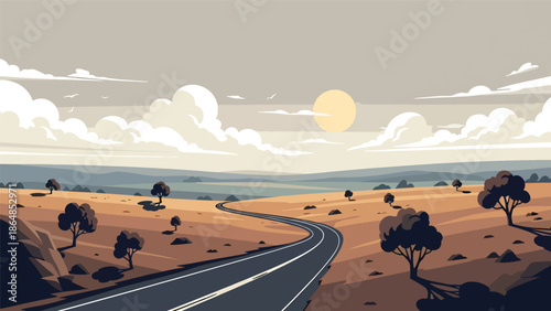 Wide grassland vector landscape wallpaper with open plains, scattered trees, clouds, and distant hills, flat illustration perfect for minimal scenic backgrounds