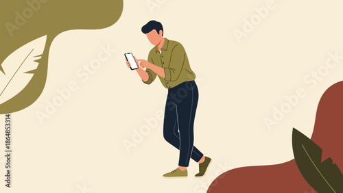 Young man using smartphone in a minimalistic outdoor setting with abstract plant elements