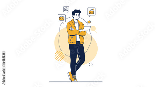 Young man using smartphone surrounded by email and message icons in a modern digital setting