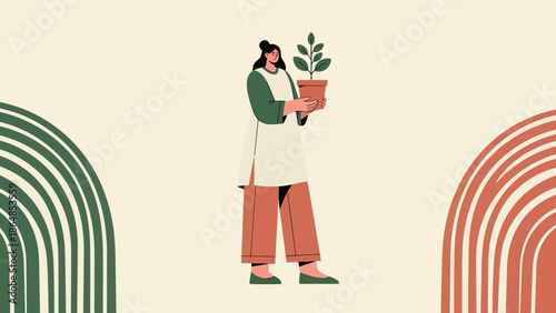 Woman Gardening with Indoor Plant in Pot Holding Green Leafy Plant in a Minimalist Style
