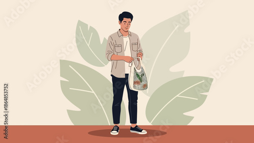 Young man shopping with easy-to-carry tote bag standing in front of leafy illustrations