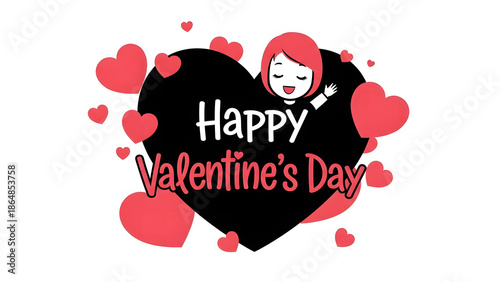 A happy character waves from behind a big black heart on valentine's day