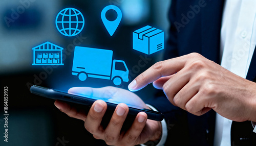 Optimizing logistics efficiency mobile technology warehouse management digital communication modern business environment close-up view strategic solutions