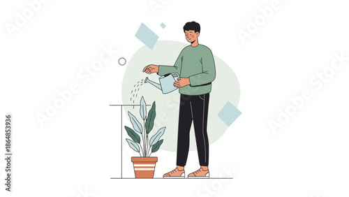 Young man watering a potted plant indoors with casual style and minimalistic design