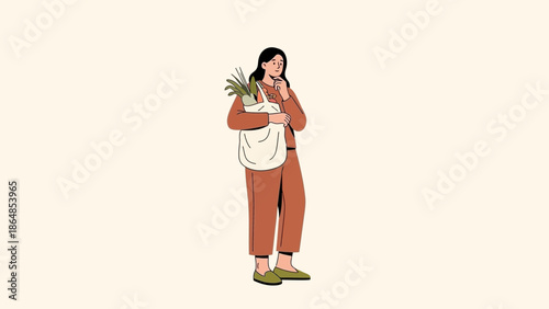 Minimalist Illustration of a Woman Carrying a Bag with Fresh Vegetables