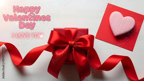 A beautiful red gift box with ribbon and heart card for a happy valentine's day celebration