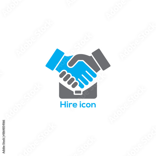 Business handshake hire icon, recruitment deal symbol, blue agreement sign for HR, partnership, employment contract and corporate collaboration concept

