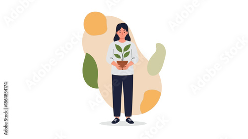 illustration of a young woman holding a potted plant with abstract background elements