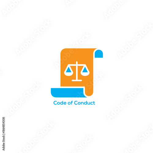 Code Of Conduct Policy Icon With Legal Scroll And Justice Scales For Corporate Ethics, Compliance, Governance Training Materials Design

