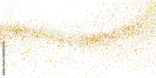Golden glitter dust trail abstract light effect. Golden glitter particles on a white background. Scattered gold particles on a white background creating a festive abstract design. 