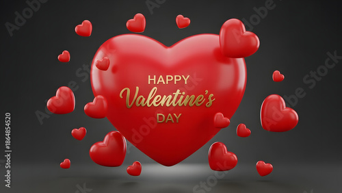 Happy valentine's day 3d render illustration with red hearts floating on a dark background