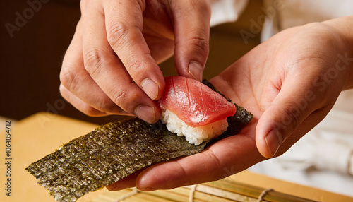 Sushi preparation by expert chef traditional japanese restaurant food photography culinary art close-up skillful craftsmanship