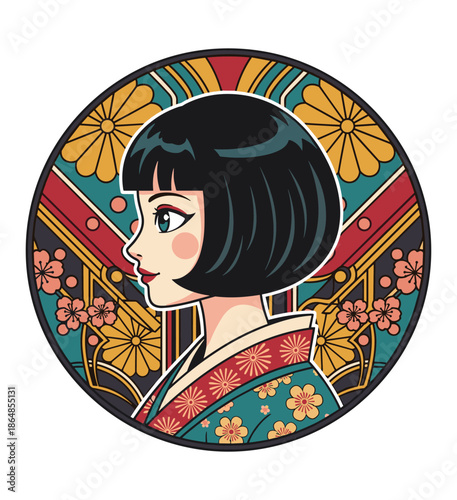 Aesthetic Portrait of a Japanese Woman: This image presents a captivating portrayal of a Japanese woman with classic bob hairstyle, adorned in a vibrant kimono within a beautifully designed circle.