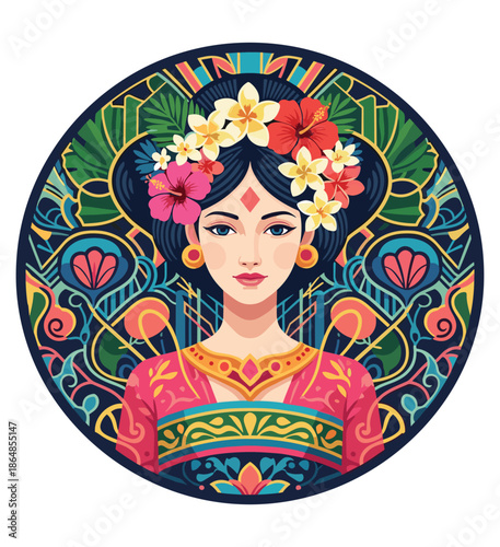 Floral Embellishment: A portrait of a woman adorned with vibrant floral, her serene gaze captures the eye. The circular frame showcases elaborate patterns.