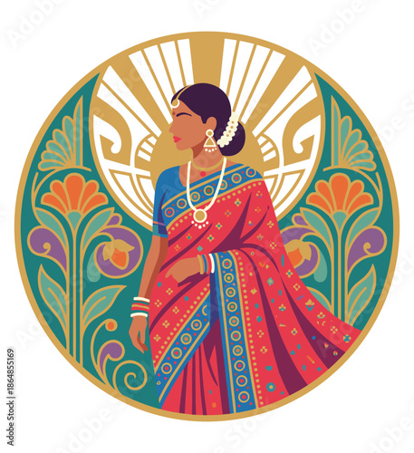 Radiant Indian Beauty: An elegant depiction of an Indian woman in traditional attire, exuding grace and cultural heritage within a circular, artful frame, symbolic of timeless beauty and heritage.