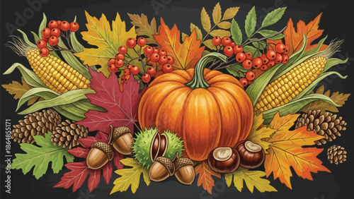 Vibrant autumn arrangement with pumpkin, corn, colorful leaves, pinecones, acorns, and berries on black background, symbolizing
