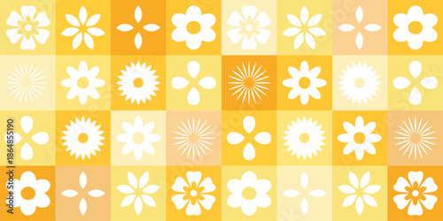 retro sunny yellow geometric floral patterned tile grid wallpaper vector illustration decorative surface design background.
