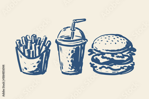 Fast food set sketch fries soda burger vector illustration