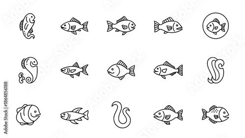 Simple sea creature icons, flat black line art, white background, logo-ready marine symbol set