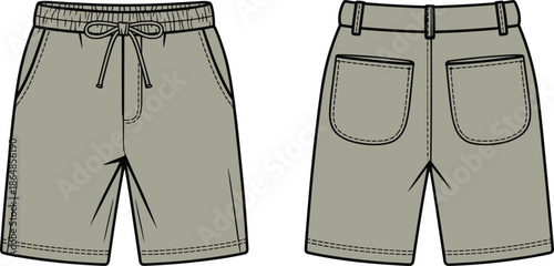 Technical fashion illustration, of mens drawstring shorts front and back view with elastic waistband pockets stitching vector flat design template