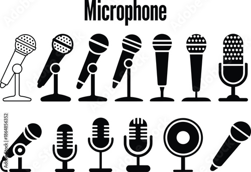 Diverse collection of microphone icons showcasing various audio input devices