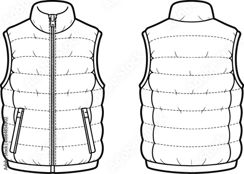 Technical vector illustration of sleeveless padded puffer vest front and back views for apparel design and fashion manufacturing