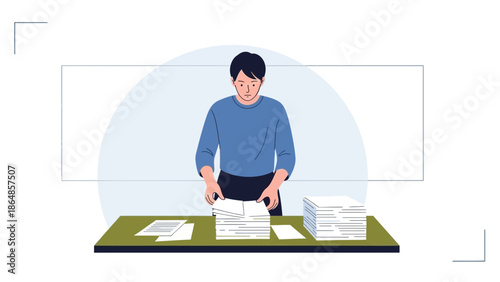 Young Male Office Worker Organizing and Managing Large Document Files at Desk