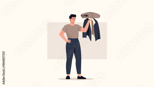 Young man holding a neatly folded pile of clothes featuring casual attire and modern style in a
