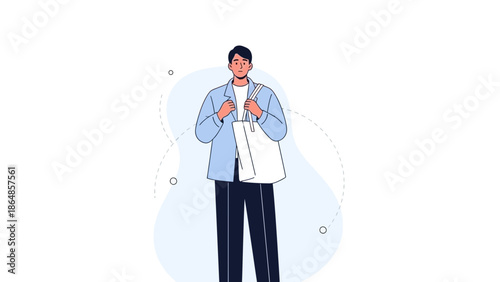 Young man holding a tote bag dressed in casual outfit with a backpack in a minimalistic illustration