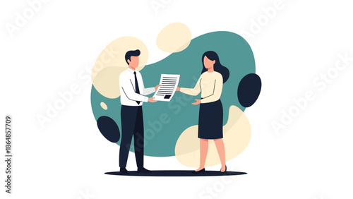 Professional Business Meeting and Document Exchange Illustration Featuring Male and Female