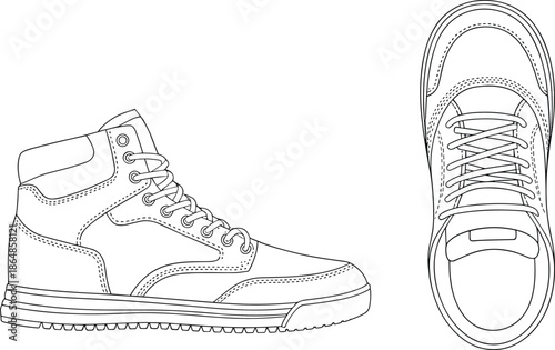 Technical vector illustration, high top sneaker side and top views, modern casual footwear design for manufacturing and fashion use reference
