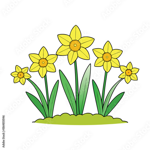 A sunlit field of yellow daffodils sways in the breeze, painting the landscape with golden blooms, fresh green leaves, and the joyful promise of spring.
